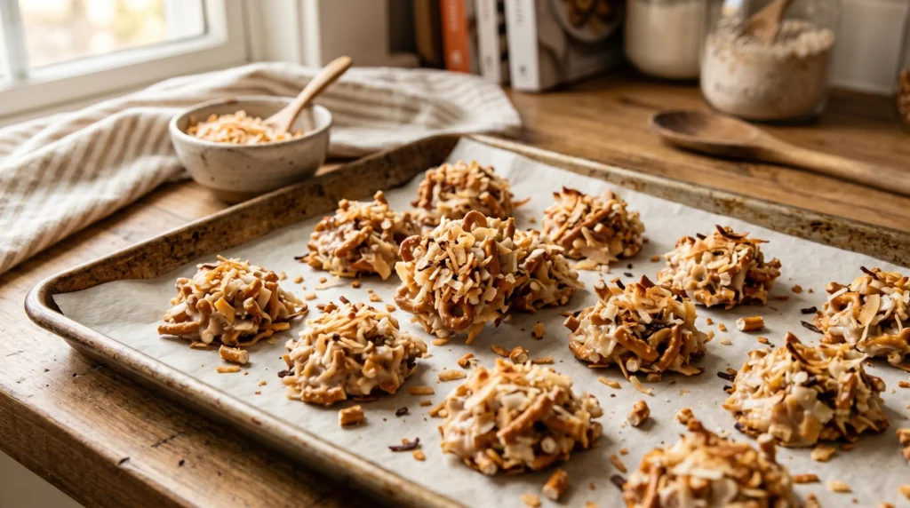 Coconut pretzel clusters on tray with toasted flakes and crumbs