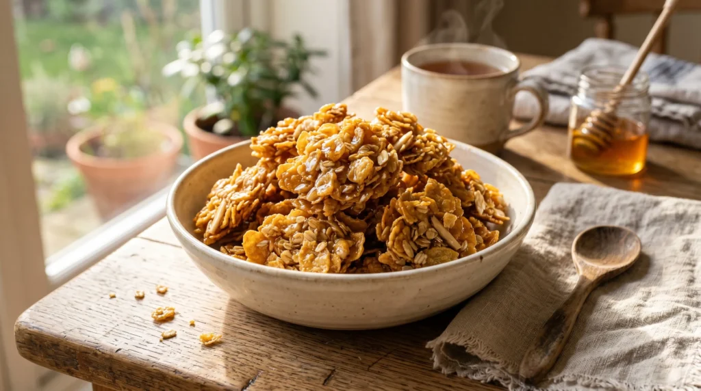 Golden cornflake honey clusters in bowl on sunlit breakfast table