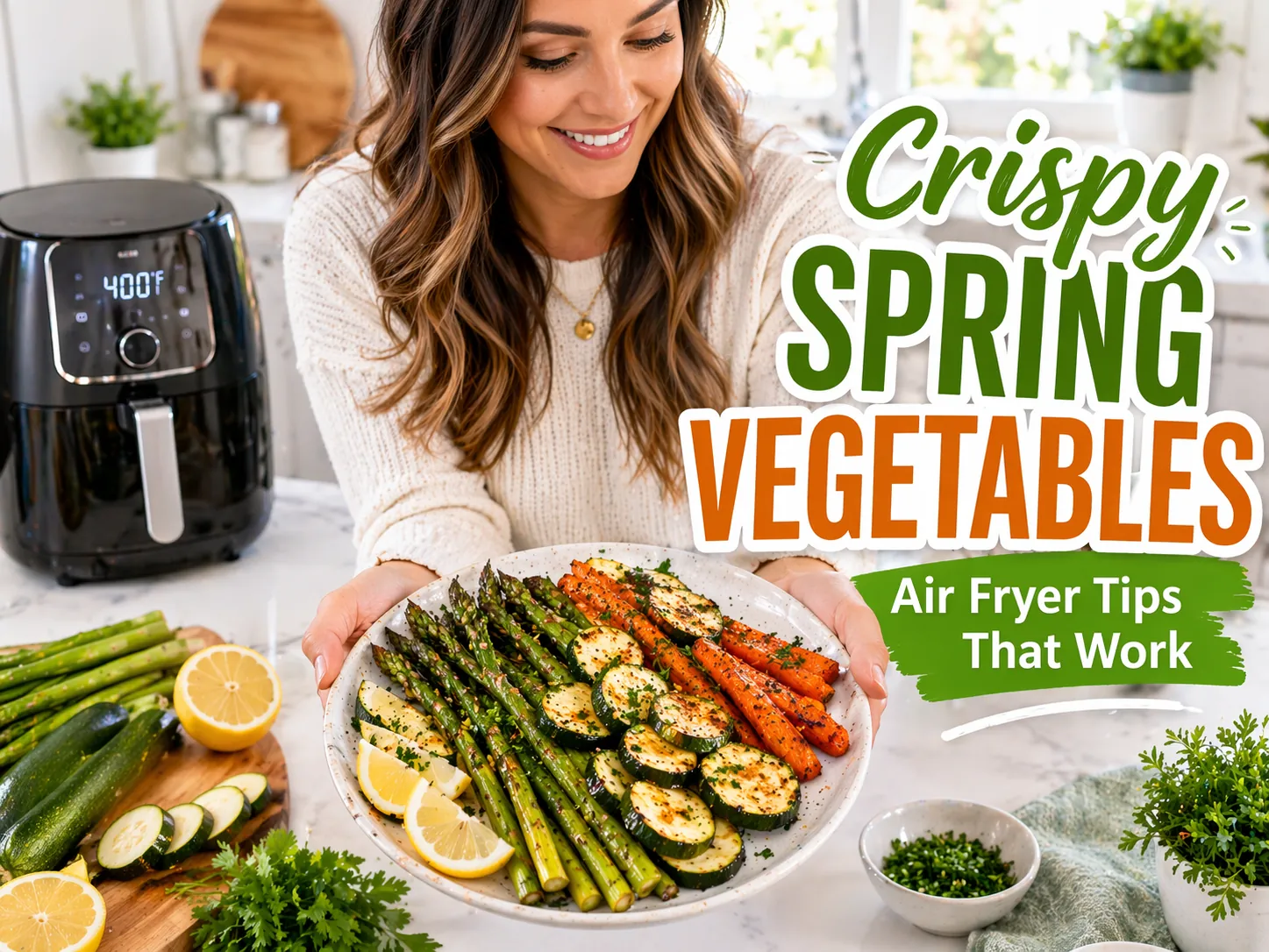 Plate of crispy air fryer spring vegetables with asparagus, zucchini, and carrots in a bright kitchen with bold title overlay.