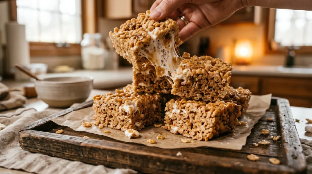 Stack of giant gooey Rice Krispie squares on a rustic kitchen tray