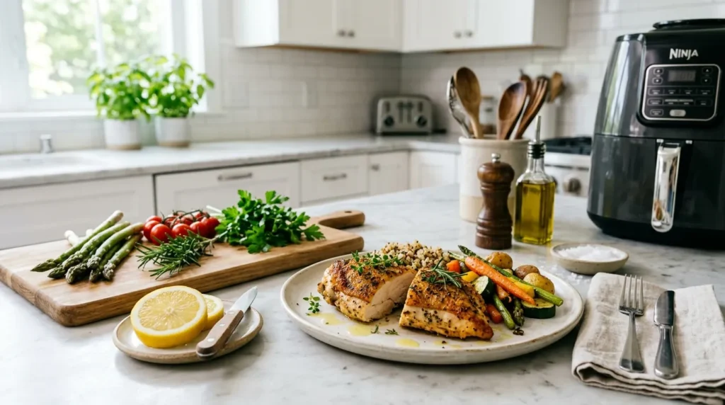 A bright kitchen with a plated light air fryer chicken meal, fresh vegetables, lemon slices, and herbs on the counter.