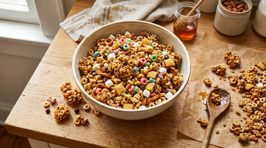 Colorful mixed cereal crunch mix with honey glaze in large bowl