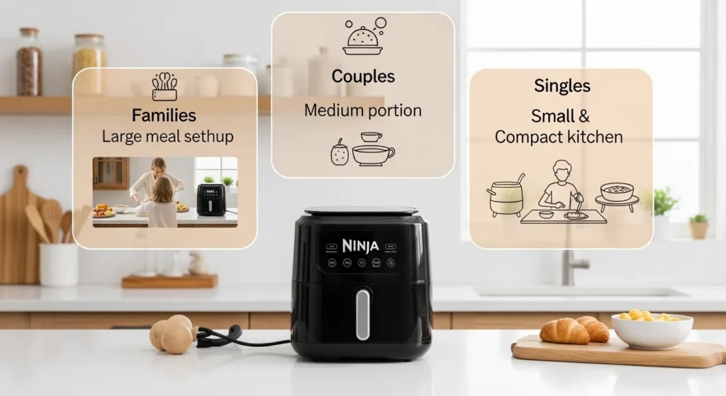 Decision guide showing Ninja 6 quart air fryer with suitability breakdown for families, couples, and single users.