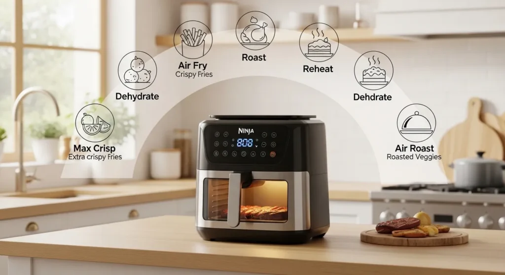 Ninja 9-in-1 air fryer with icons showing functions like air fry, bake, roast, dehydrate, broil, and reheat in a modern kitchen.