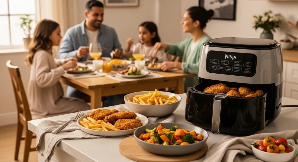 Ninja 6 quart air fryer cooking a full family meal in a cozy kitchen with four people dining together.