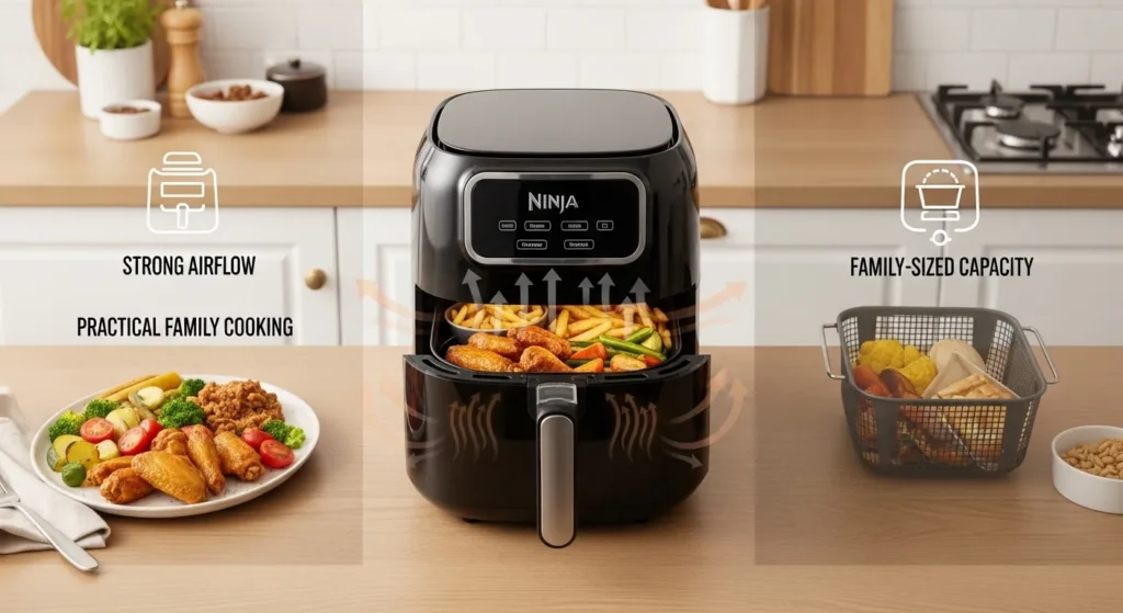 Ninja 6 quart air fryer in a modern kitchen showing strong airflow, even cooking, and large capacity for family-sized meals.