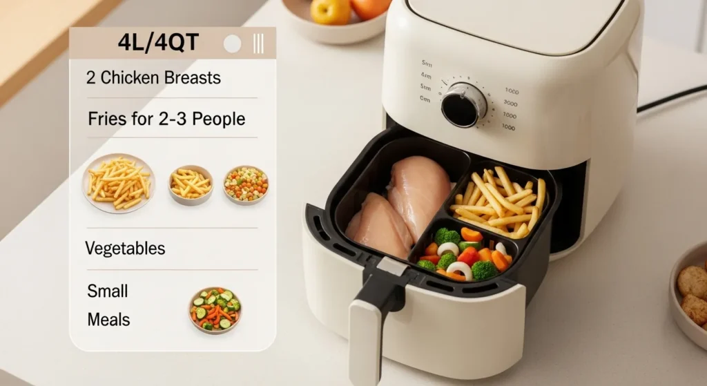 Compact 4L or 4QT air fryer cooking small meals like chicken breasts, fries, and vegetables in a modern kitchen setup.
