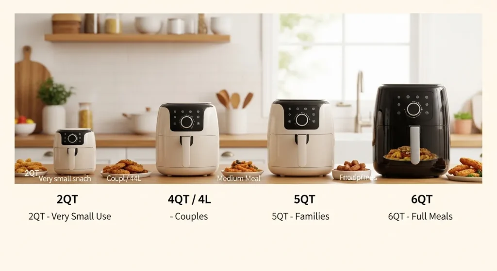 Comparison of air fryer sizes from 2QT to 6QT showing increasing capacity and suitable uses for individuals, couples, and families.