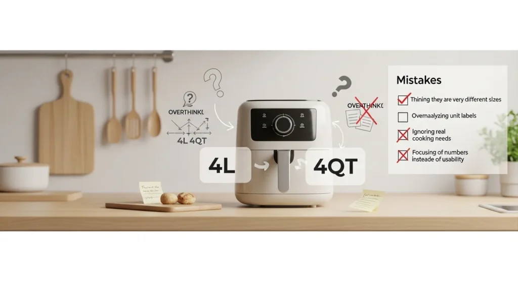 Infographic showing common mistakes when comparing 4L and 4QT air fryers, emphasizing that unit differences are minor and usability matters more.