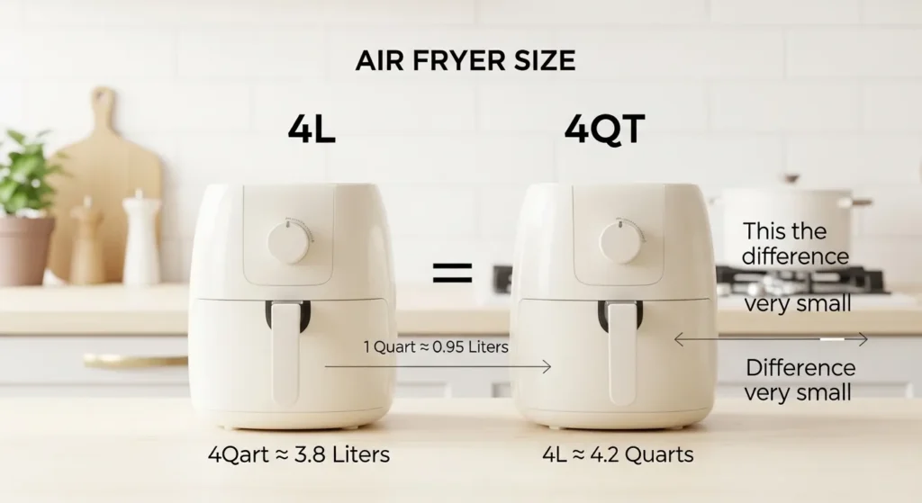 Comparison infographic showing 4L and 4QT air fryer sizes with conversion values, explaining that the difference is very small in real use.
