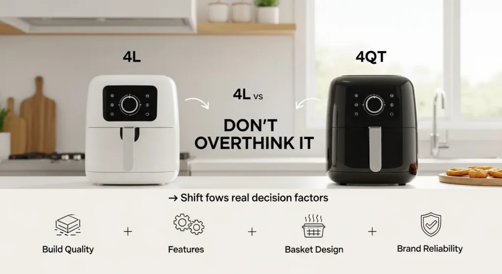 Infographic showing 4L and 4QT air fryers with emphasis on focusing on build quality, features, basket design, and brand reliability instead of unit differences.