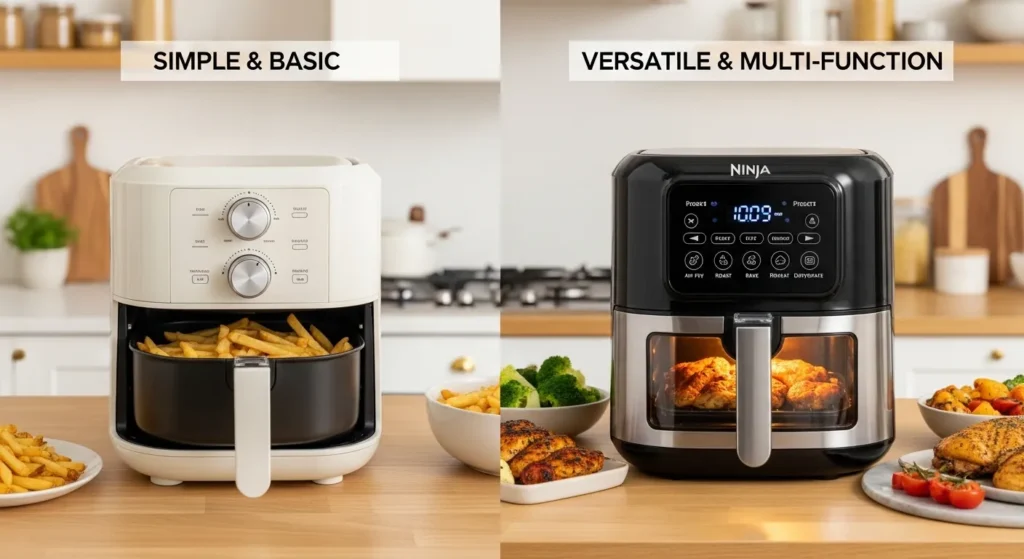 Side-by-side comparison of a basic air fryer with manual controls and a 9-in-1 air fryer with multiple cooking presets and functions.