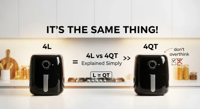 Side-by-side 4L and 4QT air fryers with bold text “It’s the same thing,” showing minimal difference between sizes and explaining air fryer unit confusion.
