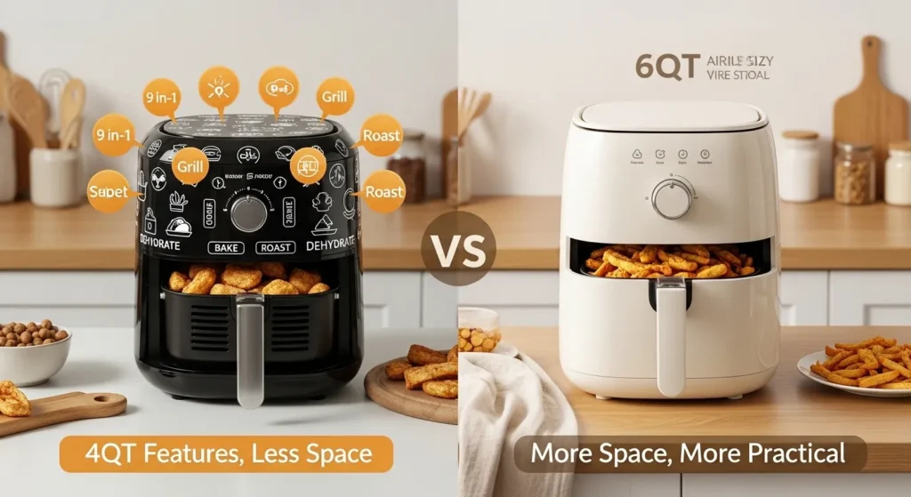 Comparison of small 4QT air fryer with many features vs larger 6QT air fryer showing more cooking space and practicality.