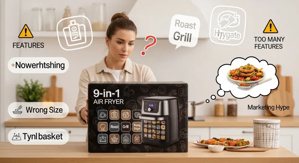 Person confused by a 9-in-1 air fryer box with too many features, highlighting common buying mistakes like wrong size and marketing hype.