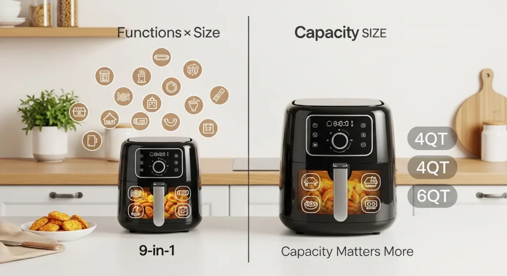 Comparison showing 9-in-1 air fryer features versus actual size capacity, highlighting that functions do not affect cooking space.