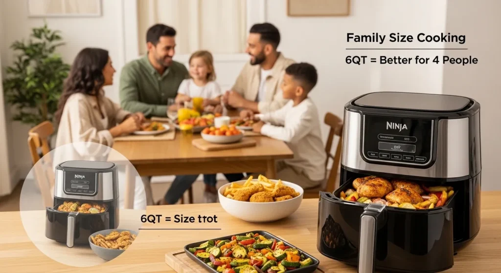 6QT Ninja 9-in-1 air fryer cooking a family-sized meal in a modern kitchen, showing why larger capacity is better for families.