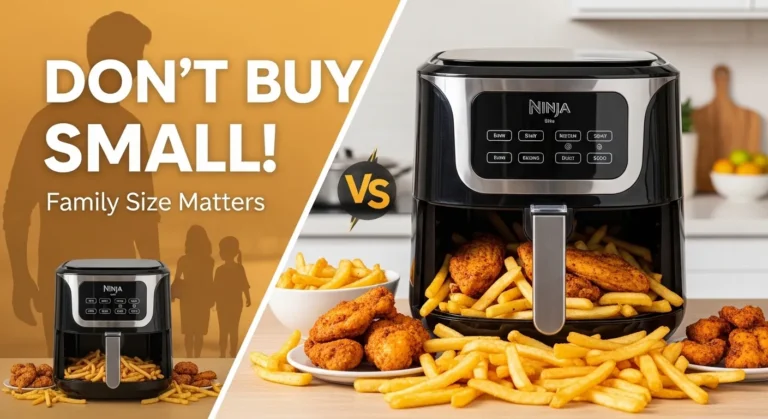 Large 6QT Ninja air fryer filled with crispy food compared to a small air fryer with limited portion, highlighting best size for families.