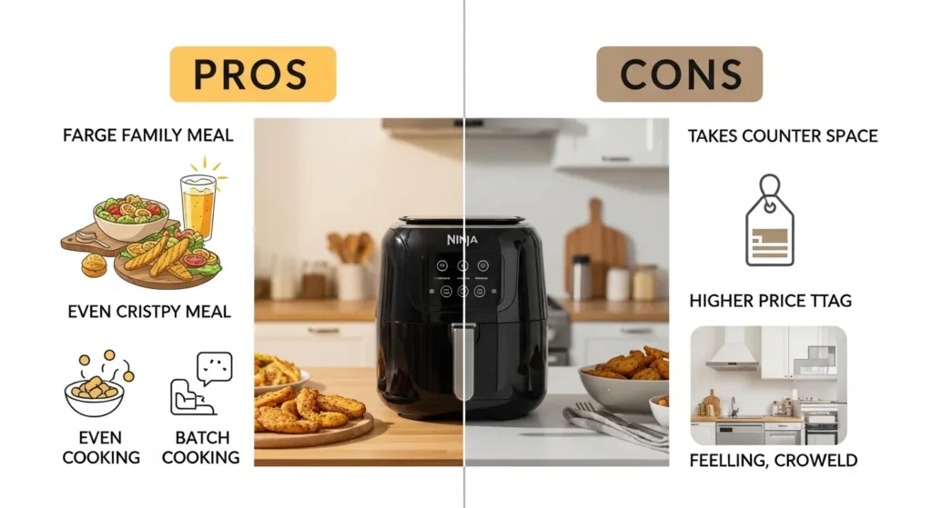 Split view of Ninja 6 quart air fryer showing pros like large capacity and even cooking versus cons like counter space and higher price.