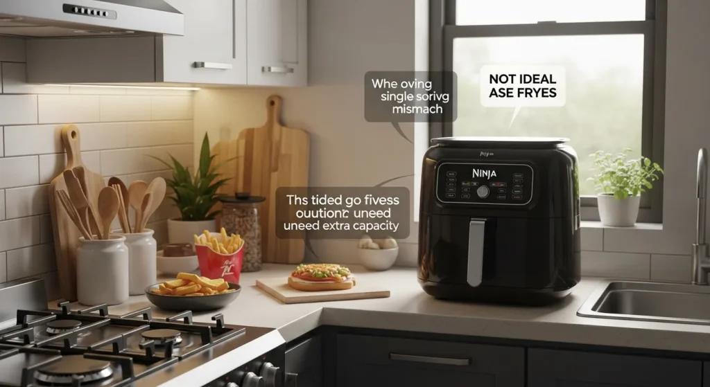 Ninja 6 quart air fryer shown in a small kitchen setup with single-serving food, highlighting cases where it may not be suitable.
