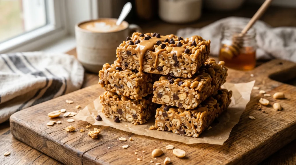 Stack of chewy peanut butter cereal bars on wooden board
