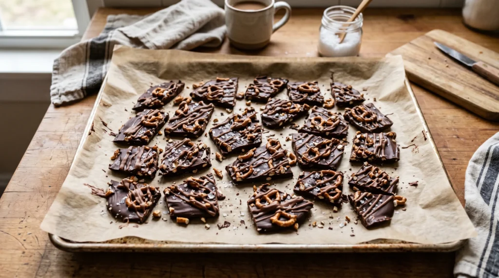Pretzel chocolate bark pieces with sea salt on parchment paper tray