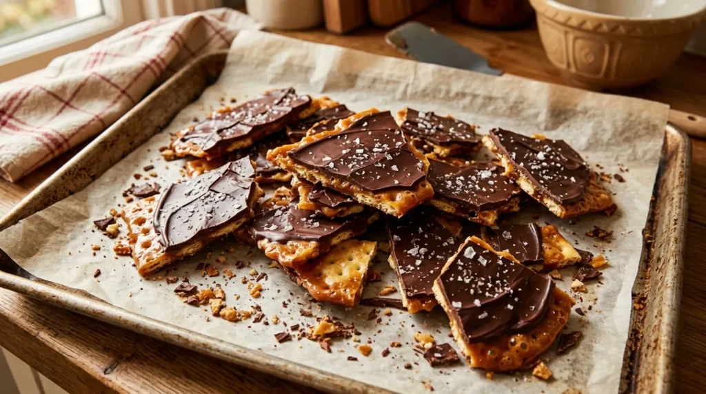 Saltine toffee crunch shards with chocolate and sea salt on tray