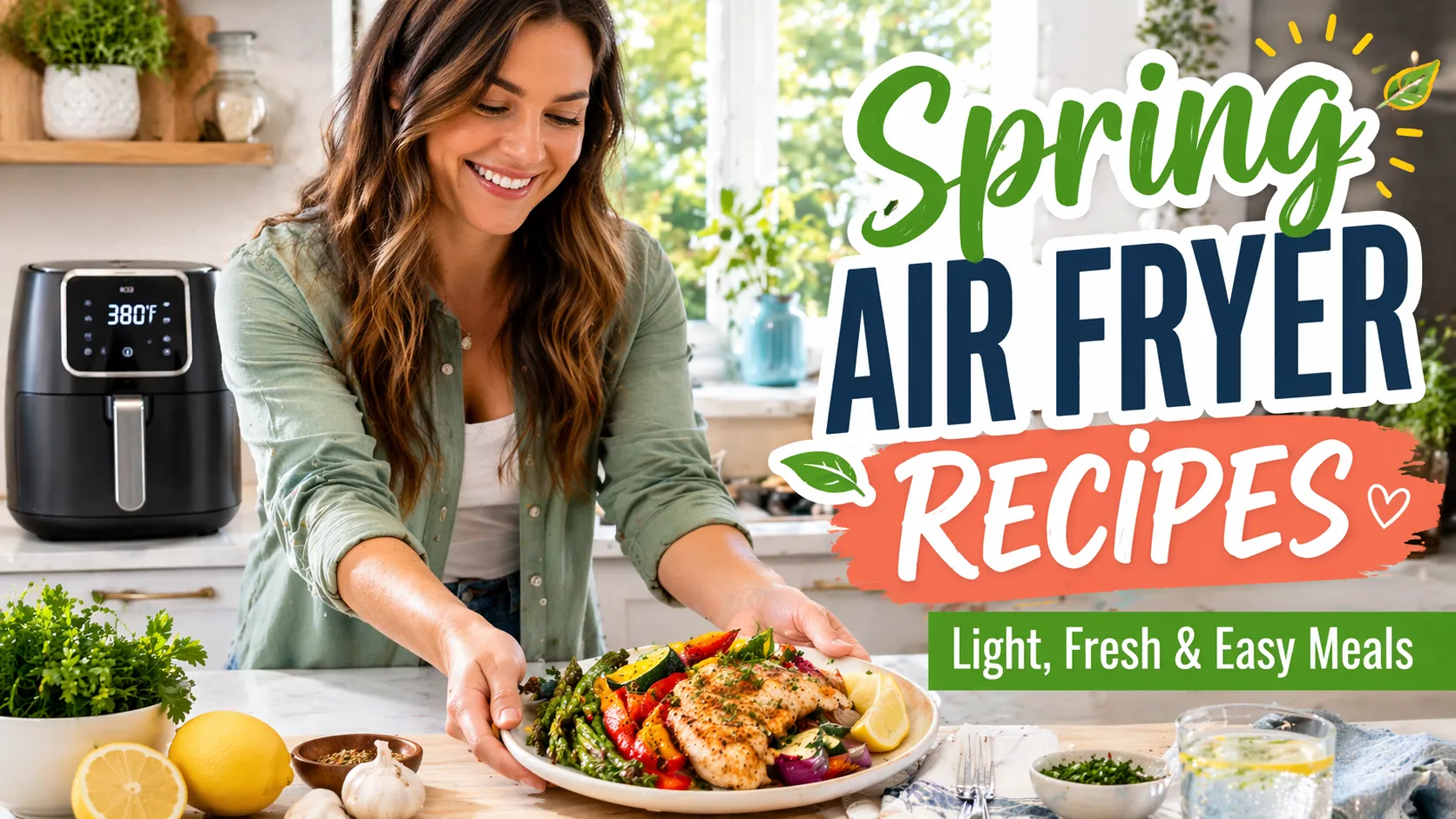 Person serving colorful spring air fryer vegetables and chicken in a bright kitchen with bold recipe title text overlay.