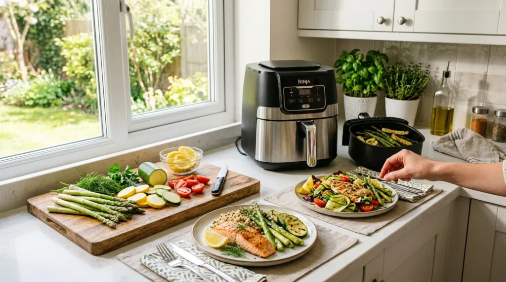 A bright kitchen scene with an air fryer on the counter, fresh spring vegetables like asparagus and zucchini, lemon slices, and plated light meals.