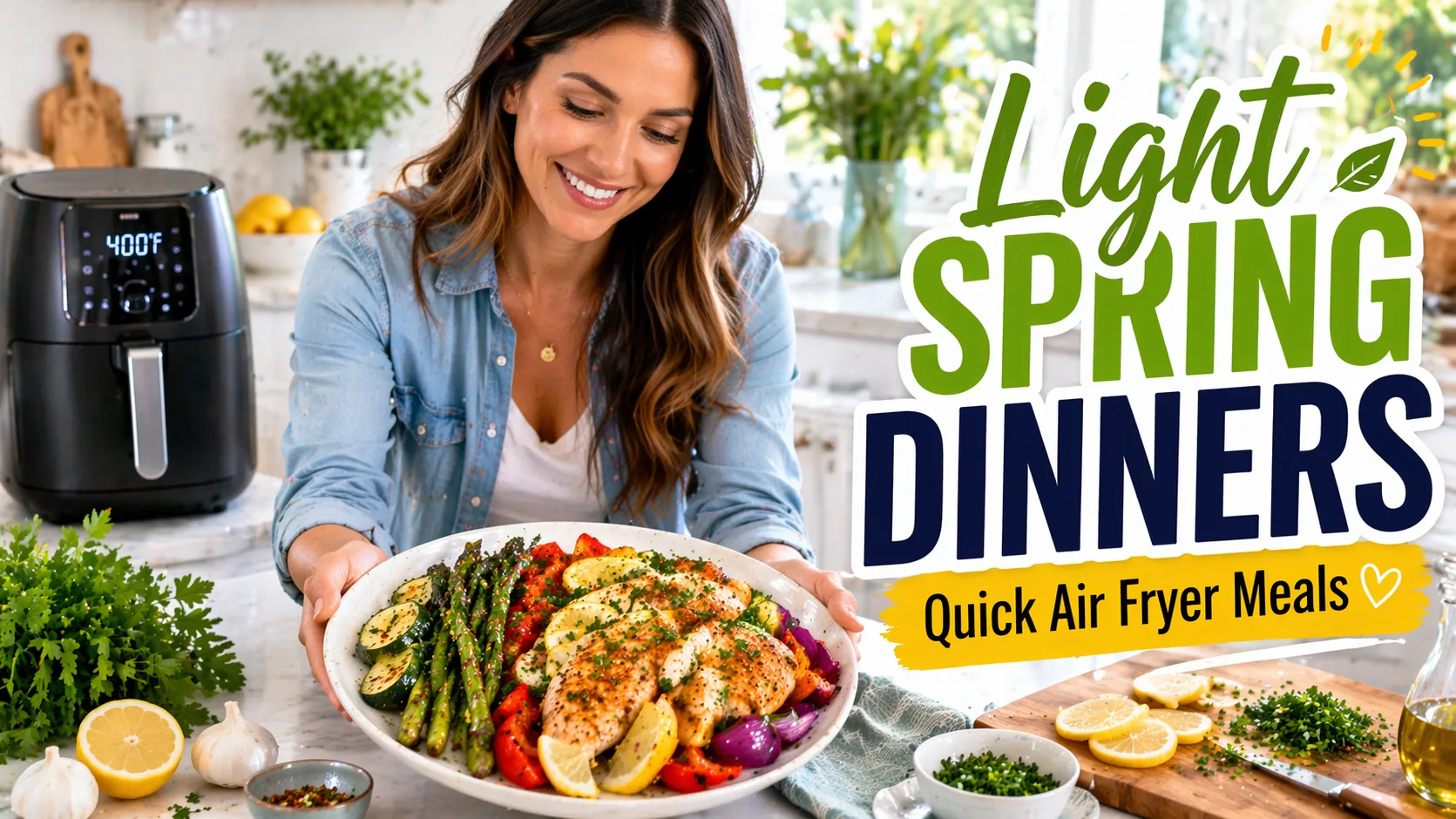 Plate of lemon garlic air fryer chicken with spring vegetables in a bright kitchen with bold recipe title text.