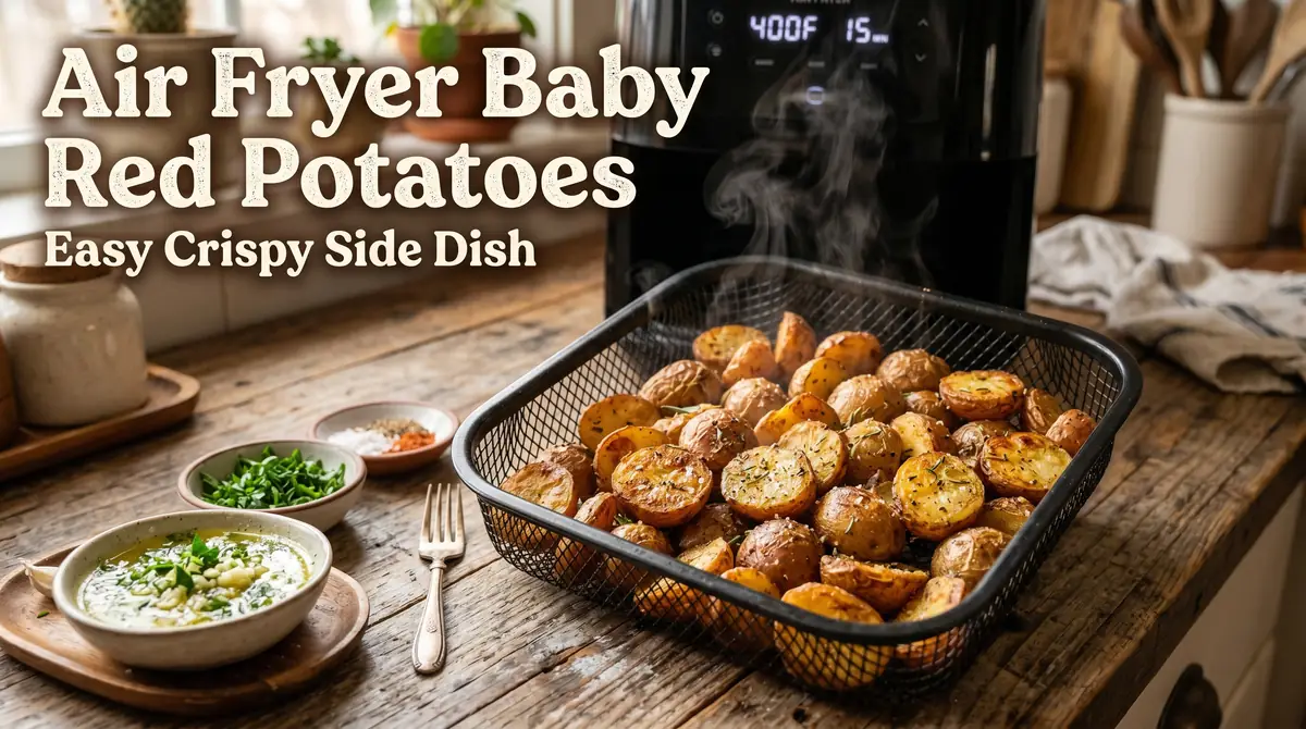 Crispy roasted baby red potatoes beside a modern air fryer with recipe title overlay.