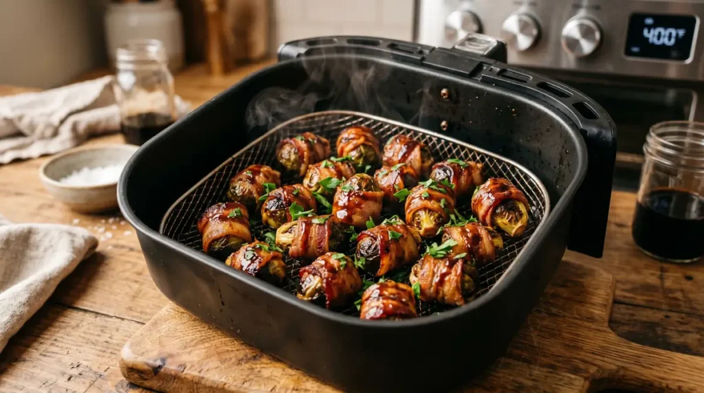 Crispy bacon wrapped brussel sprouts with balsamic glaze inside air fryer basket.