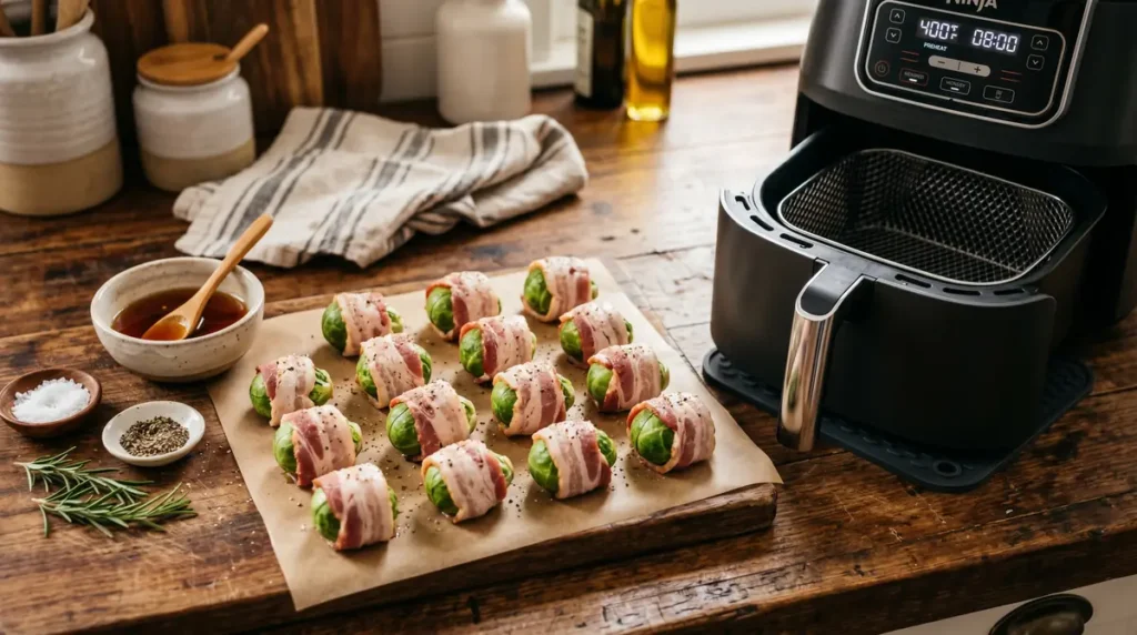 Bacon wrapped brussel sprouts beside maple syrup and air fryer basket.