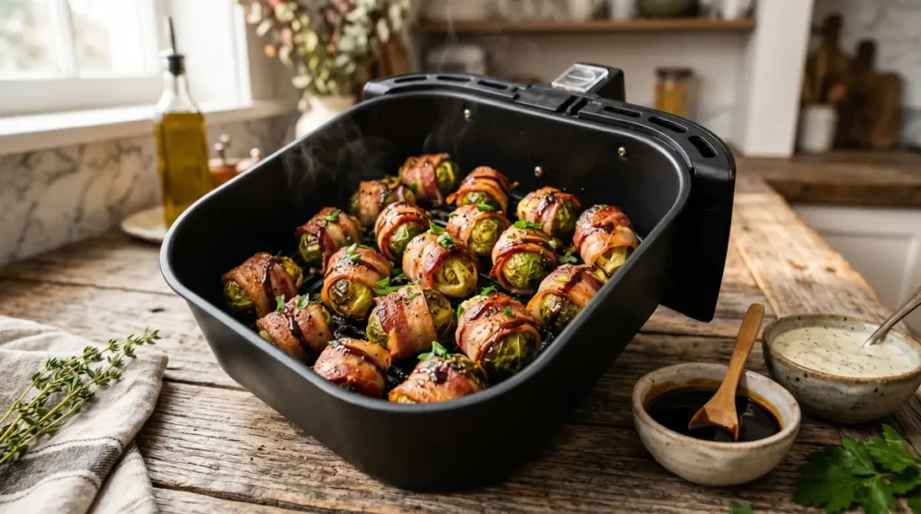 Bacon wrapped brussel sprouts beside balsamic glaze and dipping sauce.
