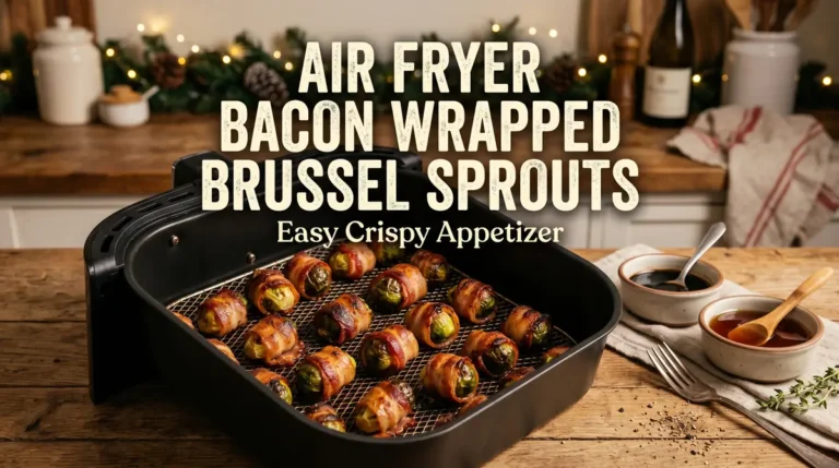 Crispy air fryer bacon wrapped brussel sprouts beside balsamic glaze and a modern air fryer with recipe title overlay.