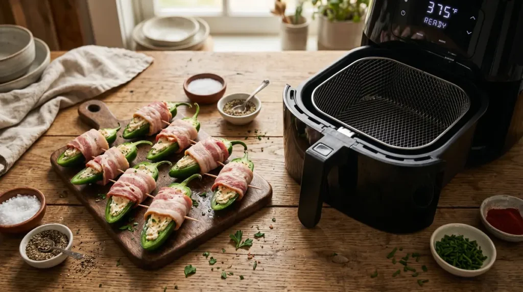 Stuffed jalapeños wrapped in bacon beside preheated air fryer basket.