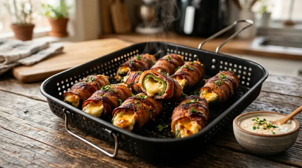 Bacon wrapped jalapeño poppers with cream cheese beside ranch dipping sauce.