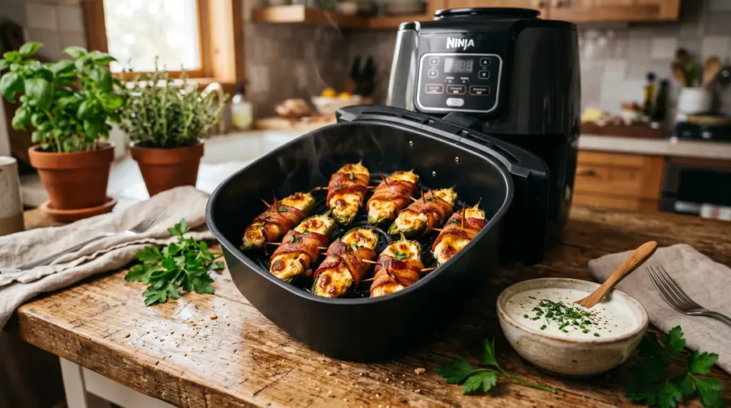 : Cooked bacon wrapped jalapeño poppers beside creamy dipping sauce.