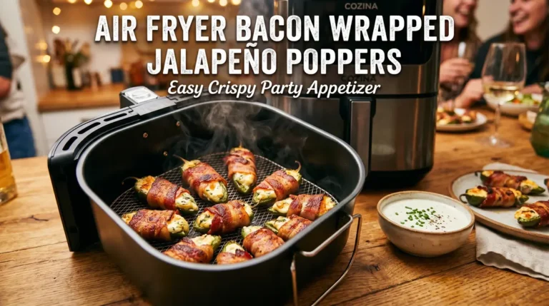 Crispy air fryer bacon wrapped jalapeño poppers with melted cream cheese beside a modern air fryer with recipe title overlay.