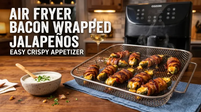 Crispy bacon wrapped jalapeños with melted cream cheese beside a modern air fryer with recipe title overlay.