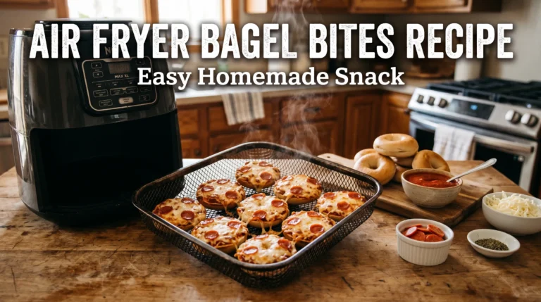 Homemade air fryer bagel bites with melted cheese beside a modern air fryer with recipe title overlay.