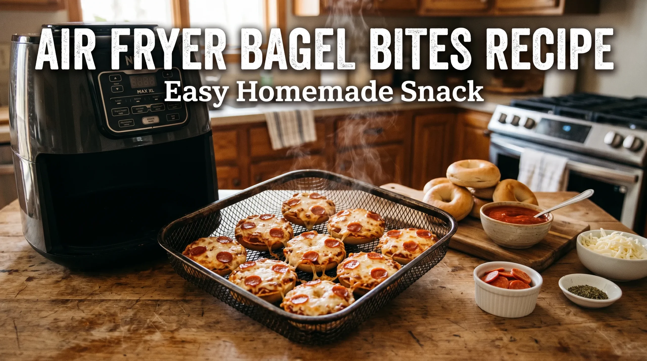 Homemade air fryer bagel bites with melted cheese beside a modern air fryer with recipe title overlay.