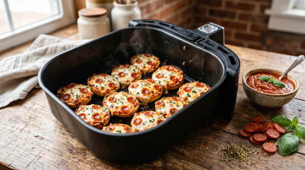Crispy cheesy bagel bites beside marinara sauce and pizza toppings on counter.