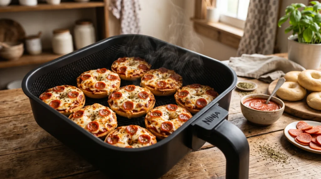 Homemade cheesy pizza bagel bites beside sauce, pepperoni, and air fryer basket.