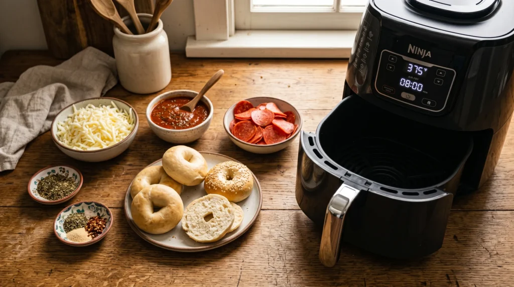 Mini bagels, mozzarella cheese, pizza sauce, and pepperoni beside air fryer basket.
