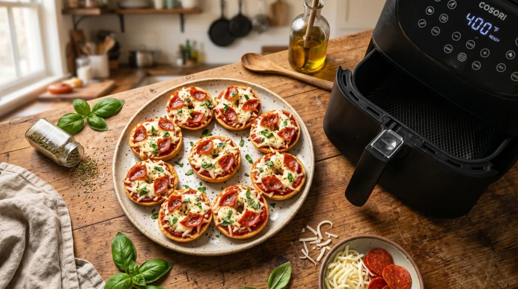 Mini bagels with pizza toppings beside preheated air fryer basket.