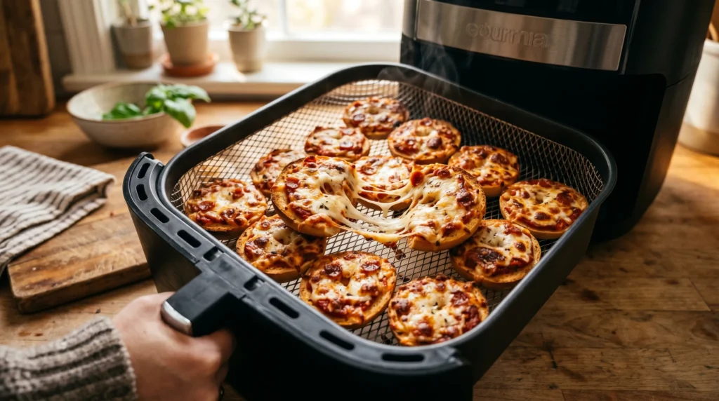 Fresh cheesy bagel bites inside air fryer basket with melted mozzarella and crispy edges.