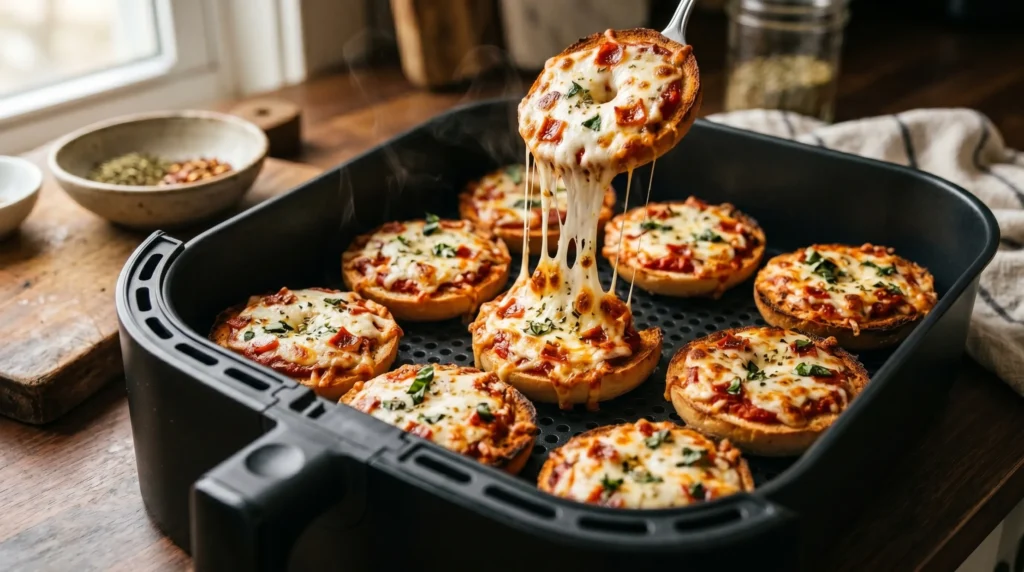 Homemade bagel bites with melted cheese inside modern air fryer basket.