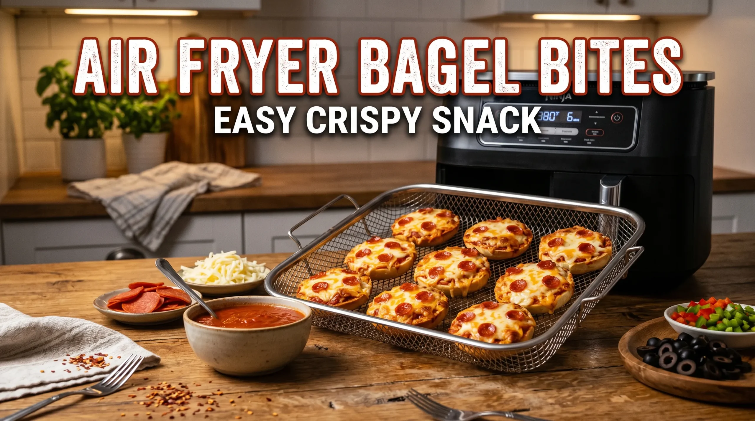 Cheesy crispy air fryer bagel bites beside marinara sauce and a modern air fryer with recipe title overlay.