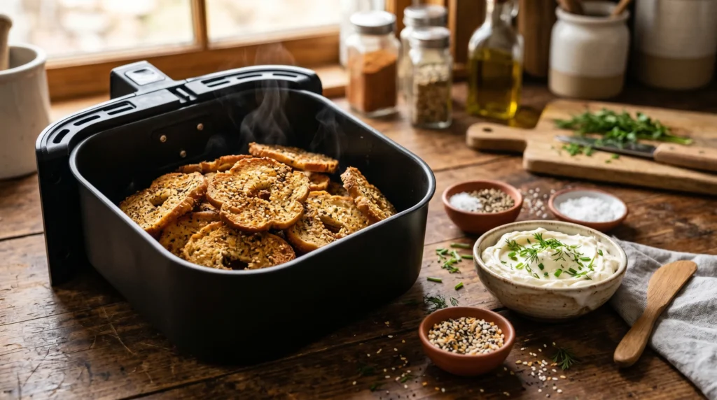 Crispy bagel chips beside cream cheese dip and modern air fryer.